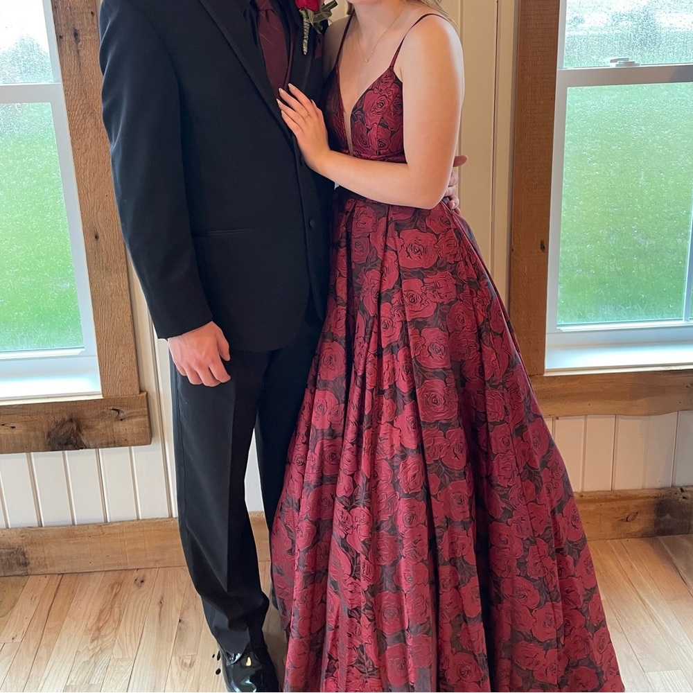 Red floral ball gown